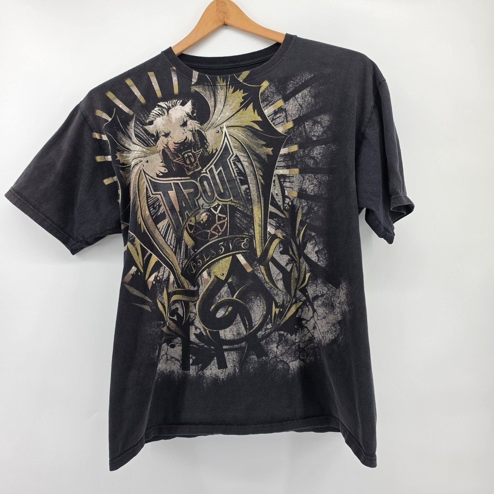 Y2K Tapout T-Shirt Mens XL Faded Black Distressed Lion Graphic Double Sided VTG